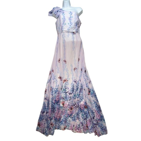 Toleen One-Shoulder Maxi Dress Floral & Butterfly Print Medium Light Pink Purple - Picture 1 of 12